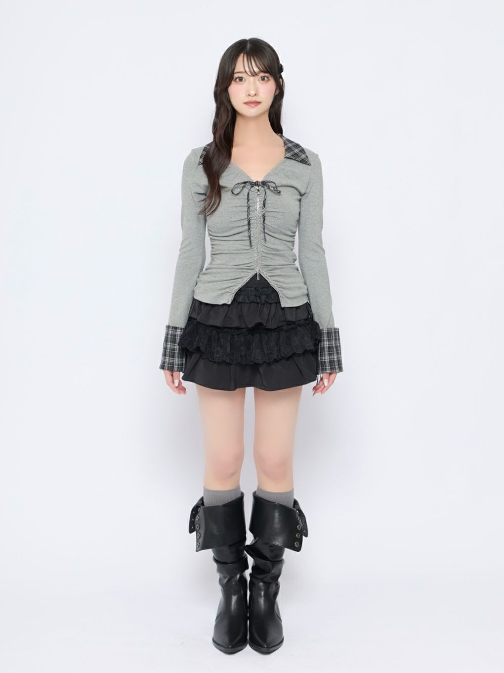 【BUBBLES】ギャザーリボンシャツトップス