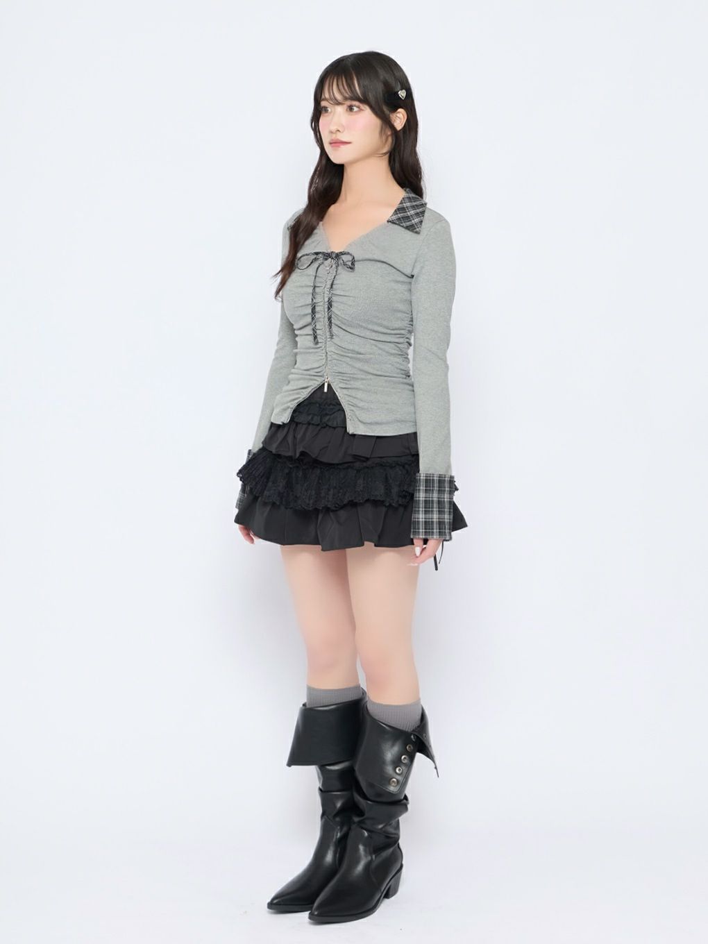 【BUBBLES】ギャザーリボンシャツトップス