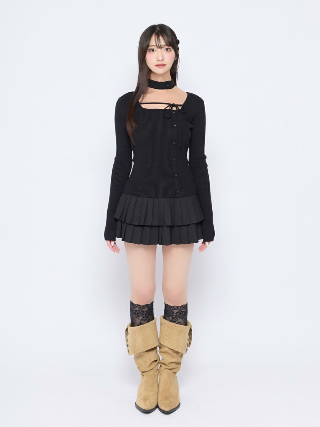 【BUBBLES】チョーカーボタンニットトップス