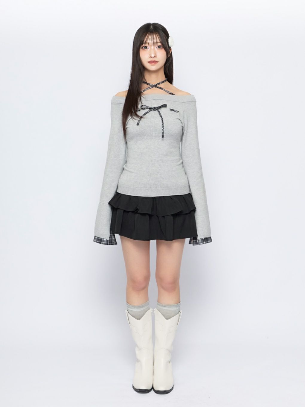 【BUBBLES】チェックリボンニットトップス