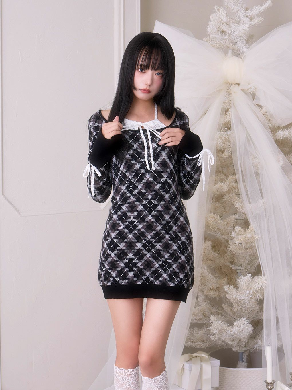 【BUBBLES】レースデコルテニットワンピース