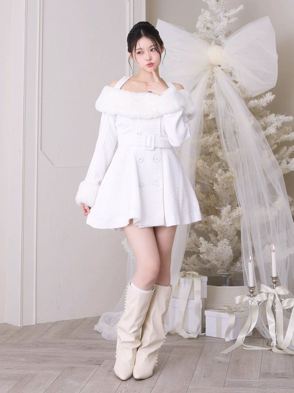 【BUBBLES】ファーオフショルツイードワンピース