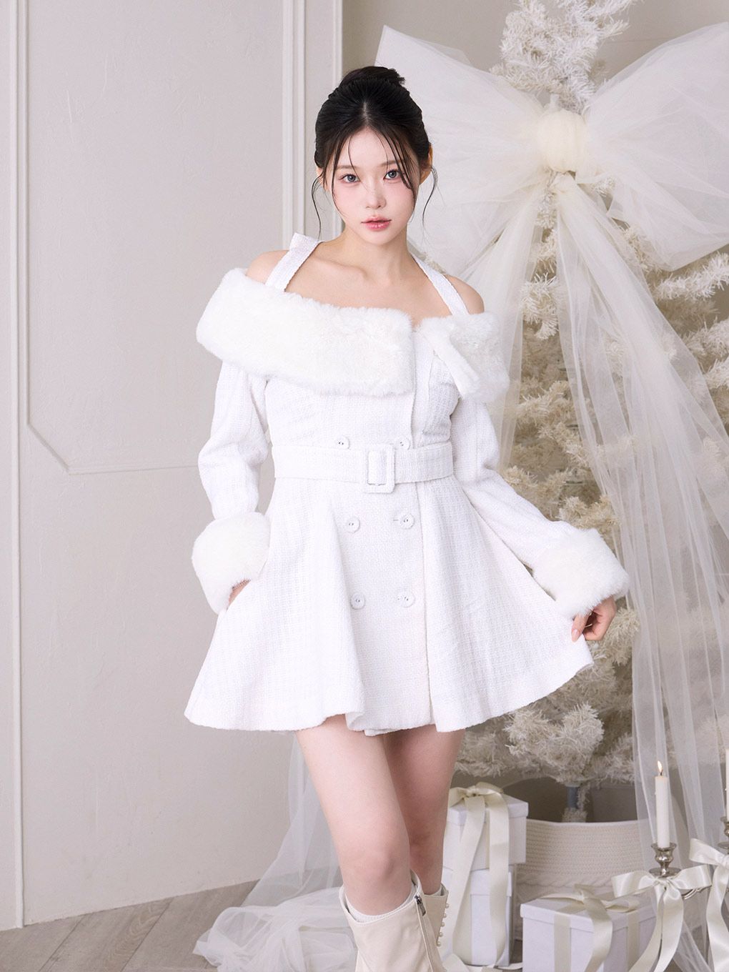 【BUBBLES】ファーオフショルツイードワンピース