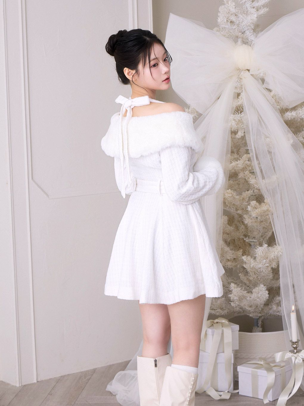 【BUBBLES】ファーオフショルツイードワンピース