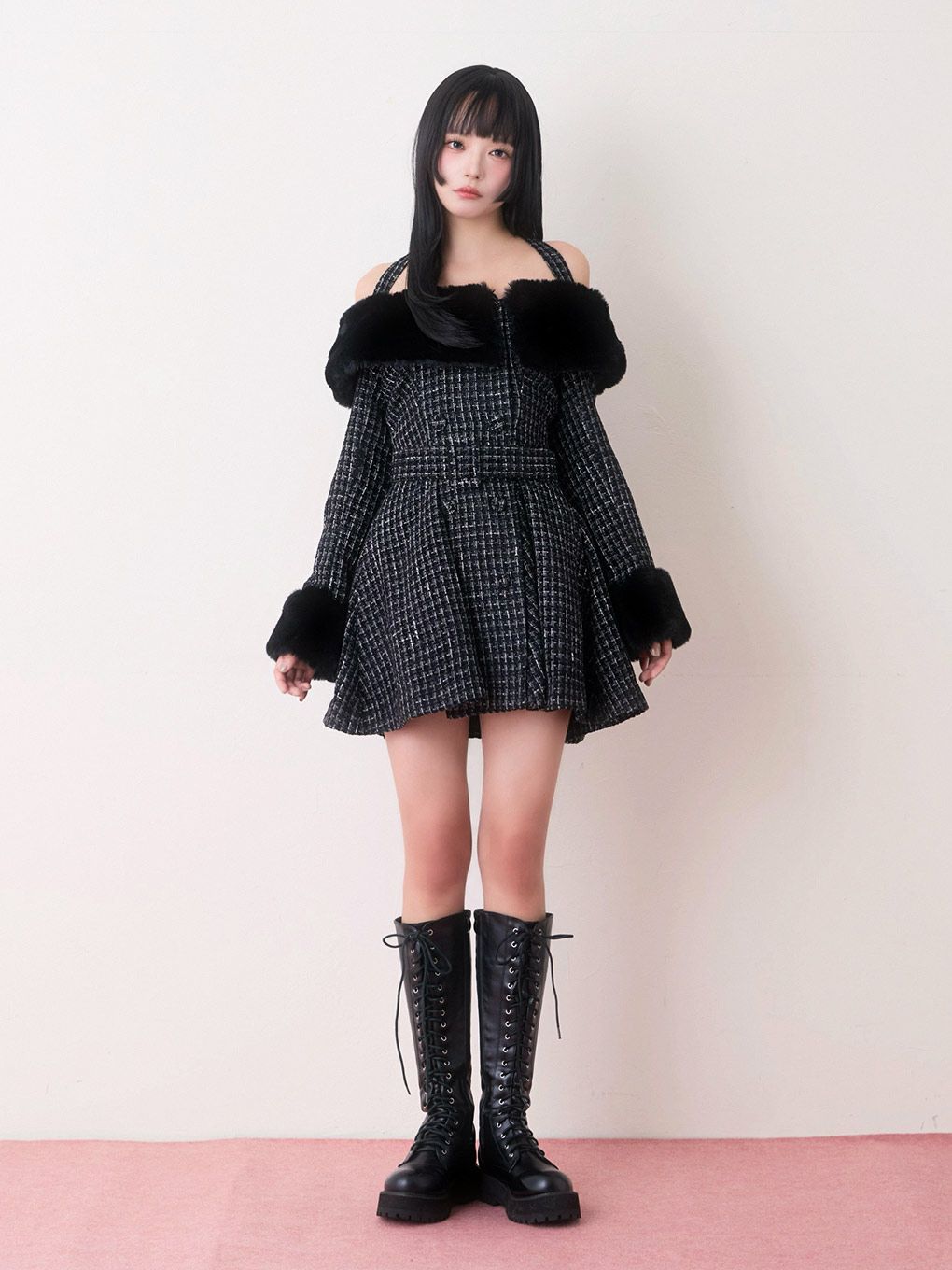 【BUBBLES】ファーオフショルツイードワンピース