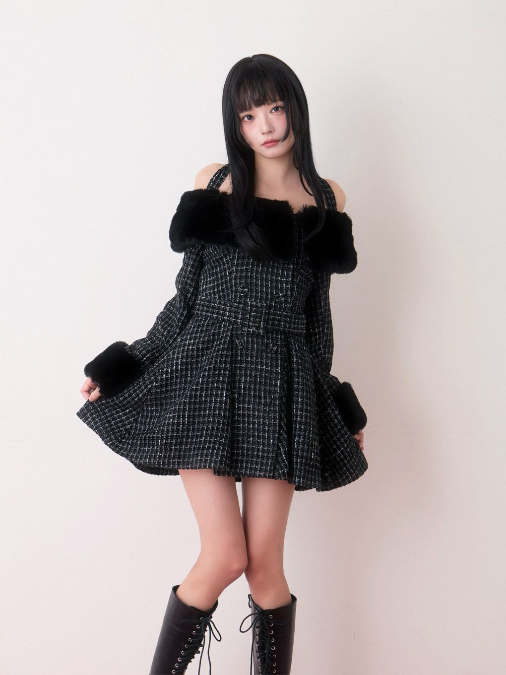 【BUBBLES】ファーオフショルツイードワンピース