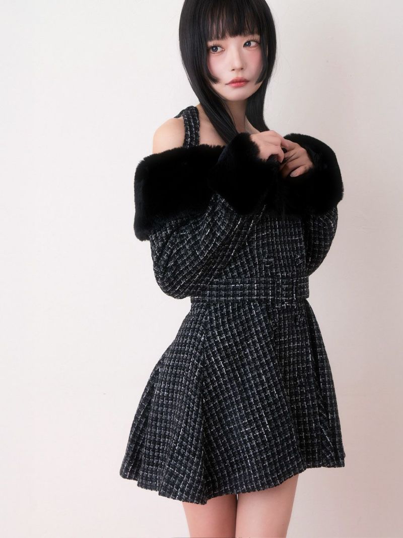 BUBBLES】ファーオフショルツイードワンピース | sparkling mall