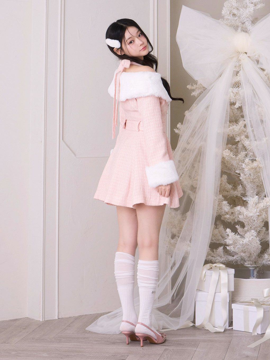 【BUBBLES】ファーオフショルツイードワンピース