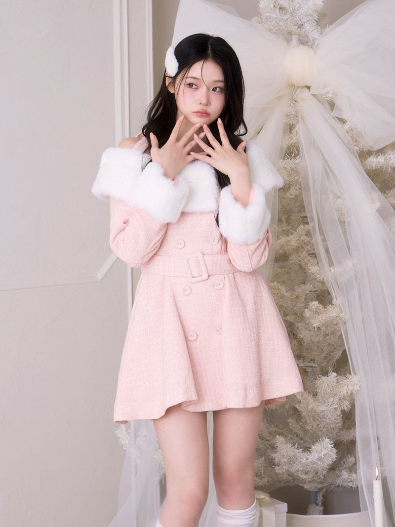 BUBBLES】ファーオフショルツイードワンピース | sparkling mall