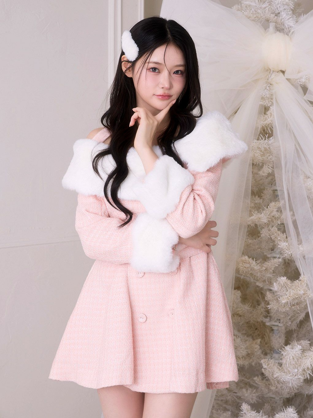 【BUBBLES】ファーオフショルツイードワンピース