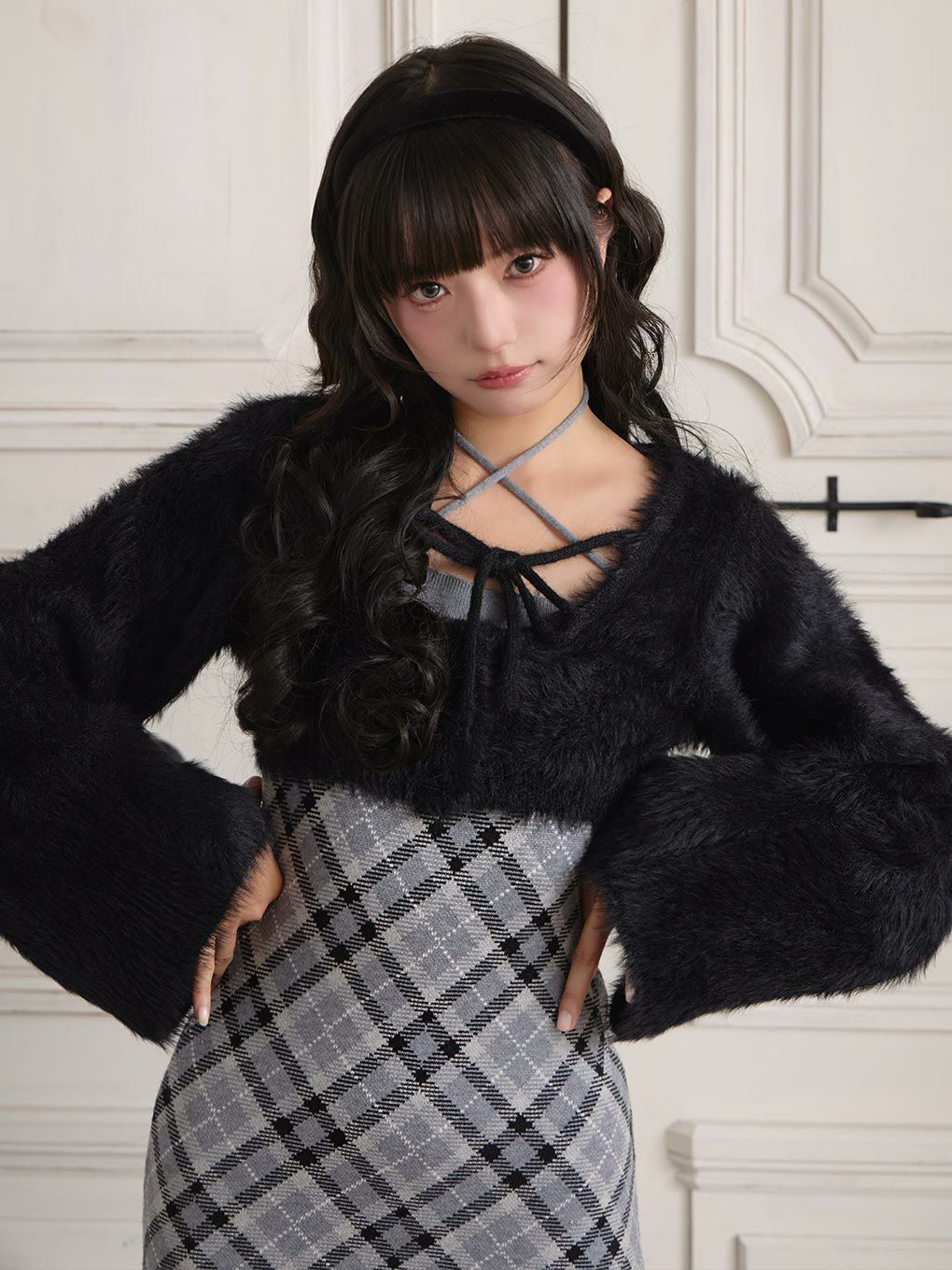 【BUBBLES】チェックシャギーカーデワンピース