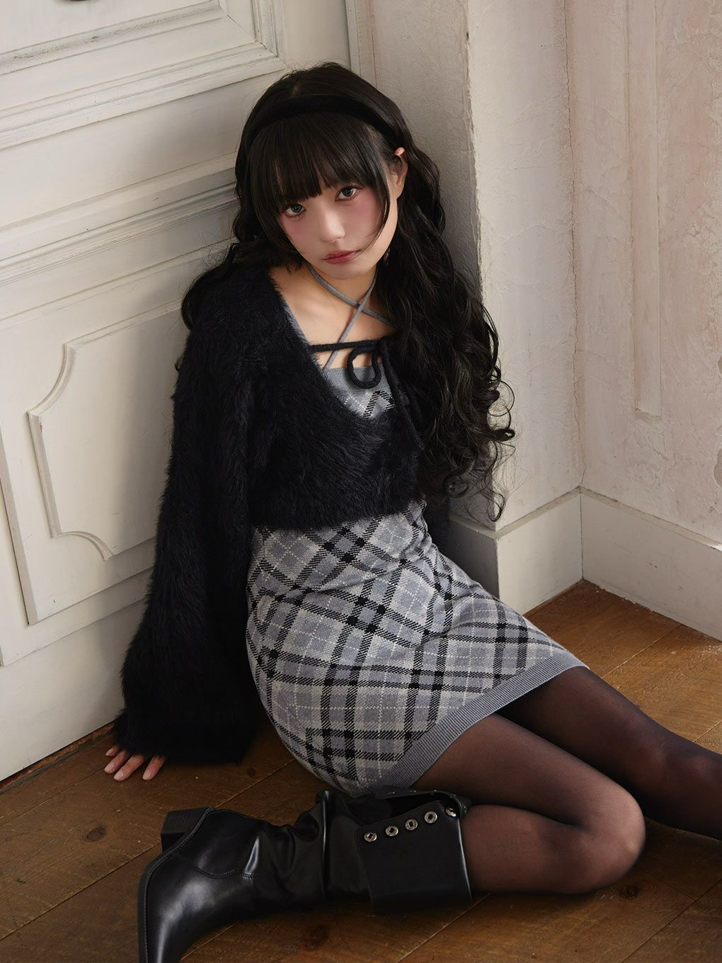 【BUBBLES】チェックシャギーカーデワンピース