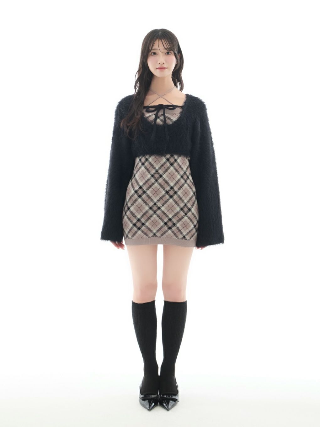【BUBBLES】チェックシャギーカーデワンピース