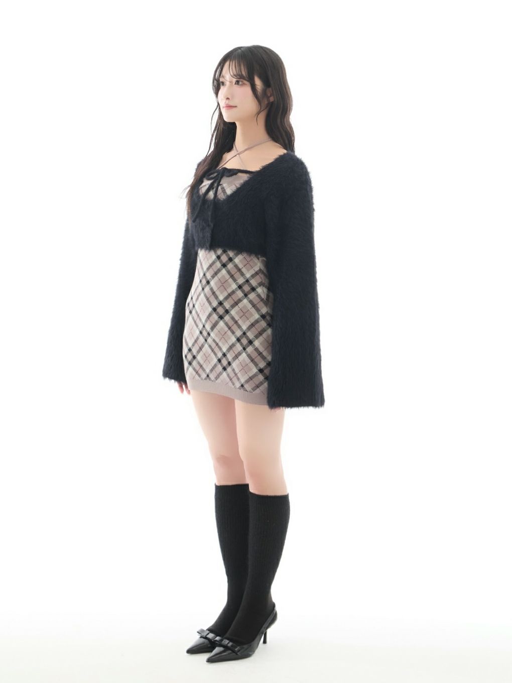 【BUBBLES】チェックシャギーカーデワンピース