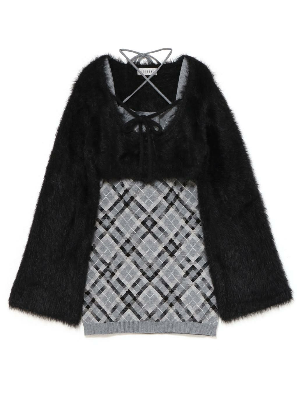 【BUBBLES】チェックシャギーカーデワンピース