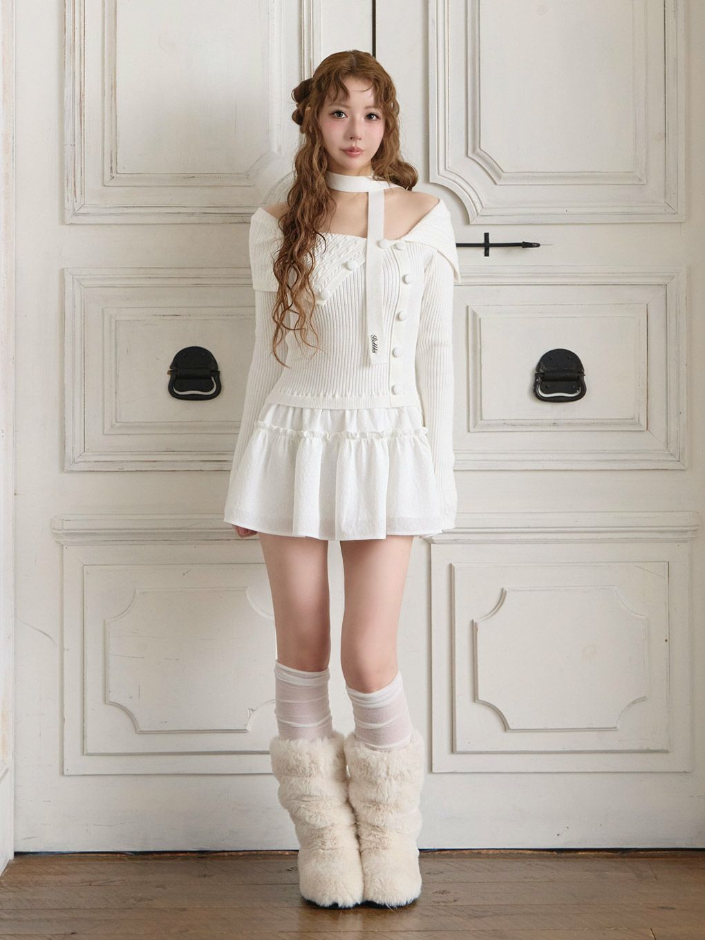 【BUBBLES】ケーブルオフショルワンピース