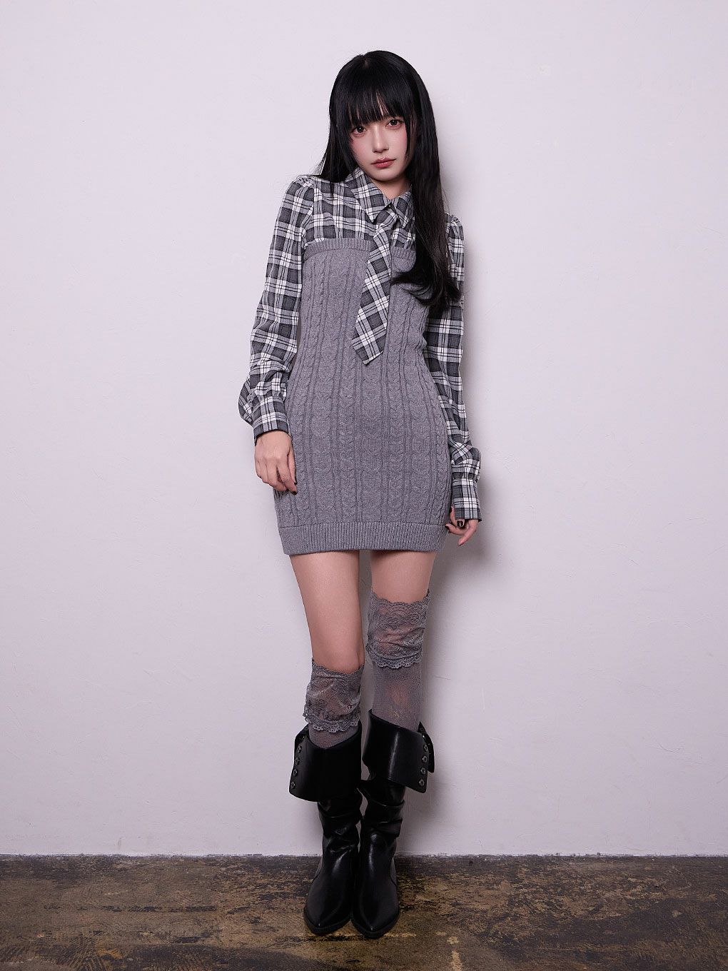 【BUBBLES】シャツレイヤードケーブルワンピース