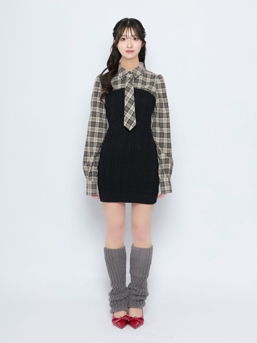 【BUBBLES】シャツレイヤードケーブルワンピース