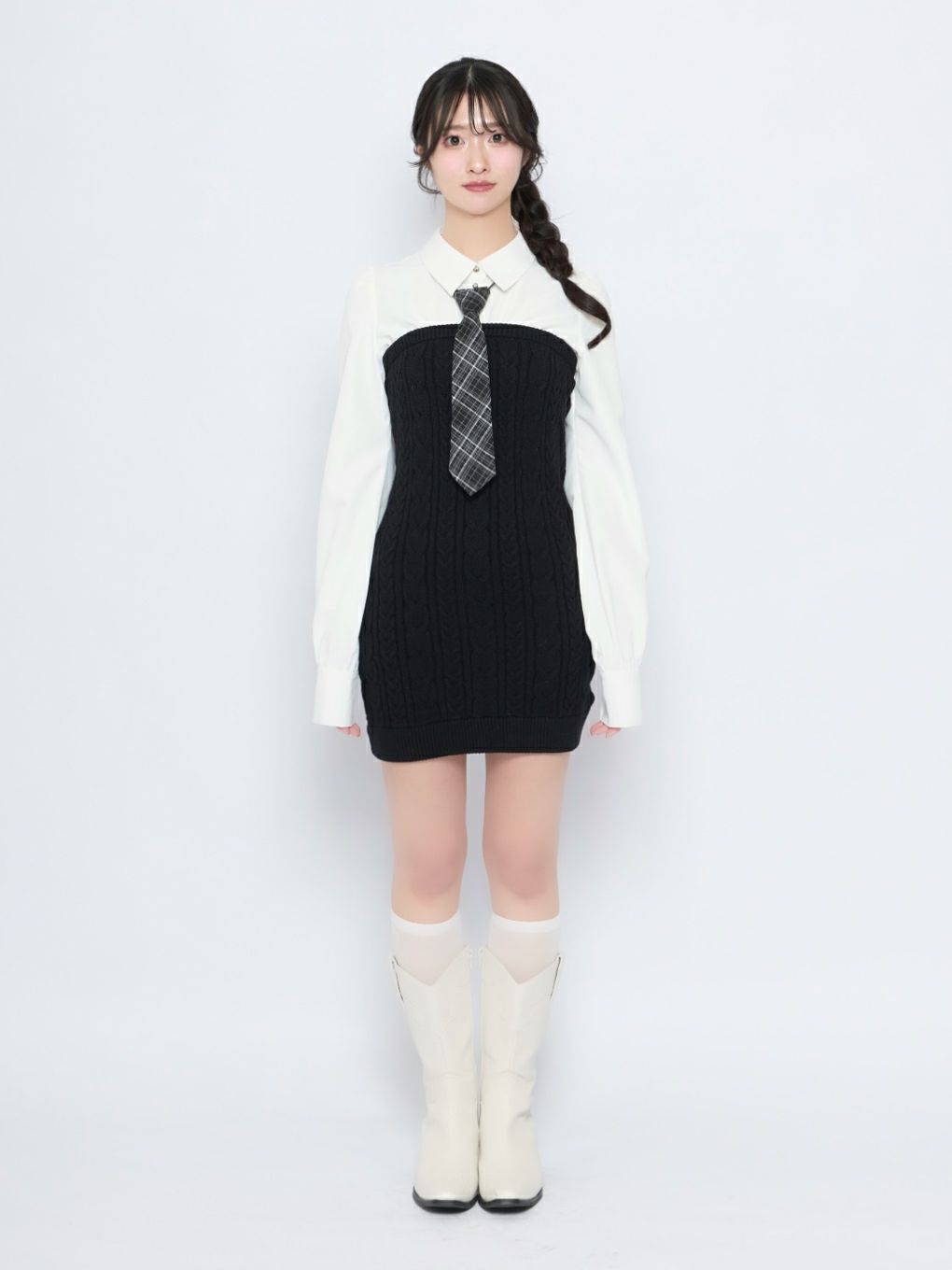 【BUBBLES】シャツレイヤードケーブルワンピース