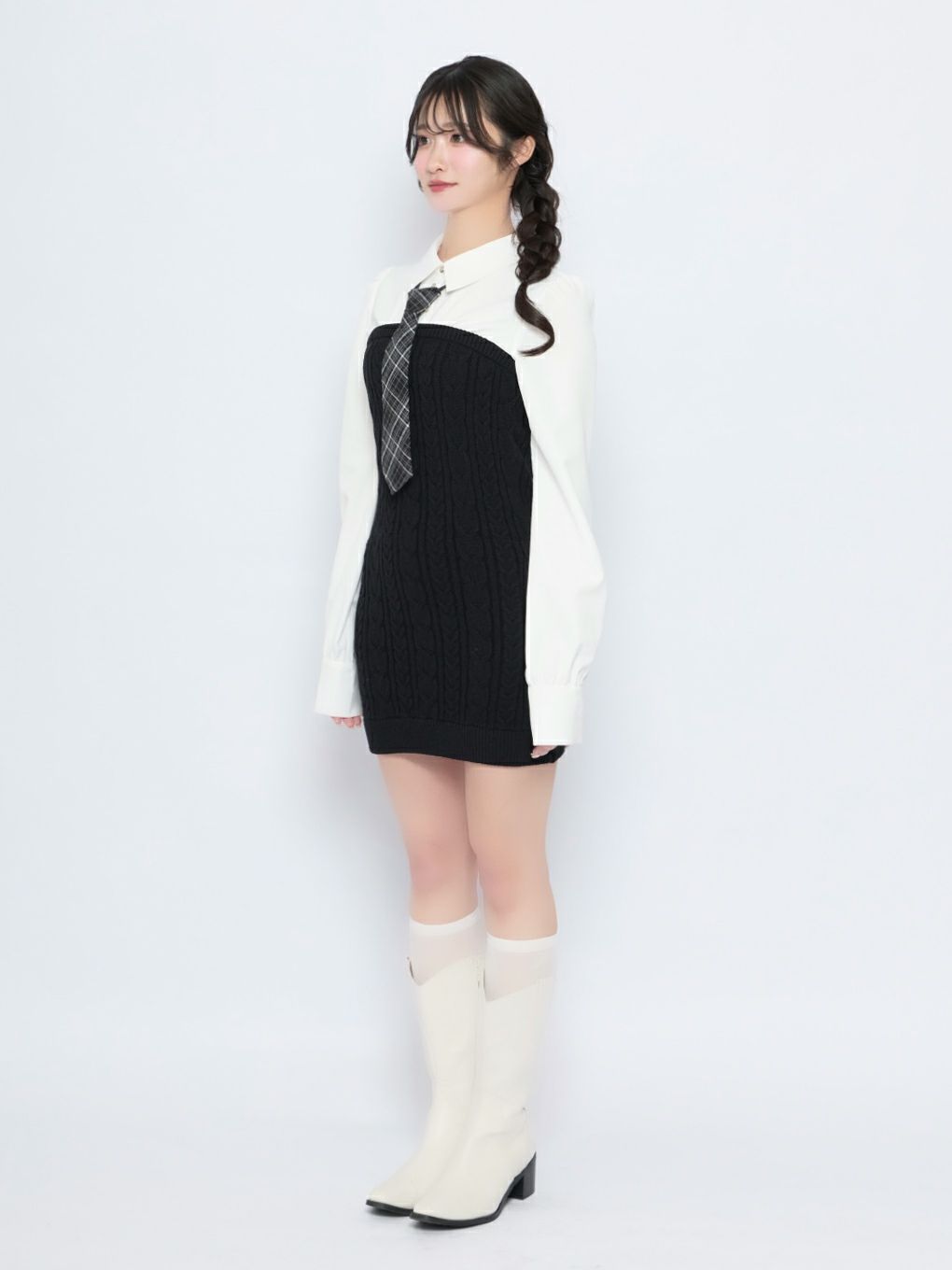 【BUBBLES】シャツレイヤードケーブルワンピース