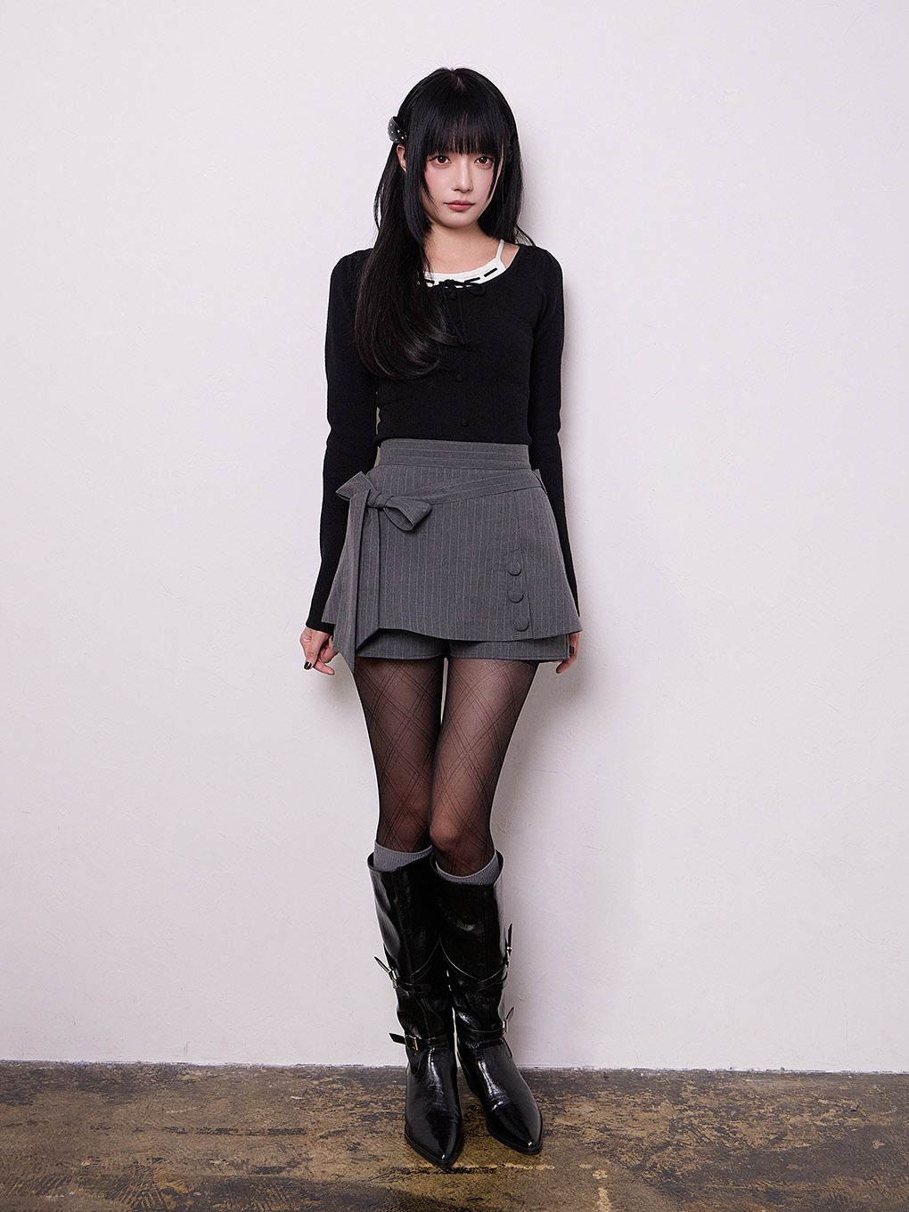 【BUBBLES】レイヤードリボンニットトップス