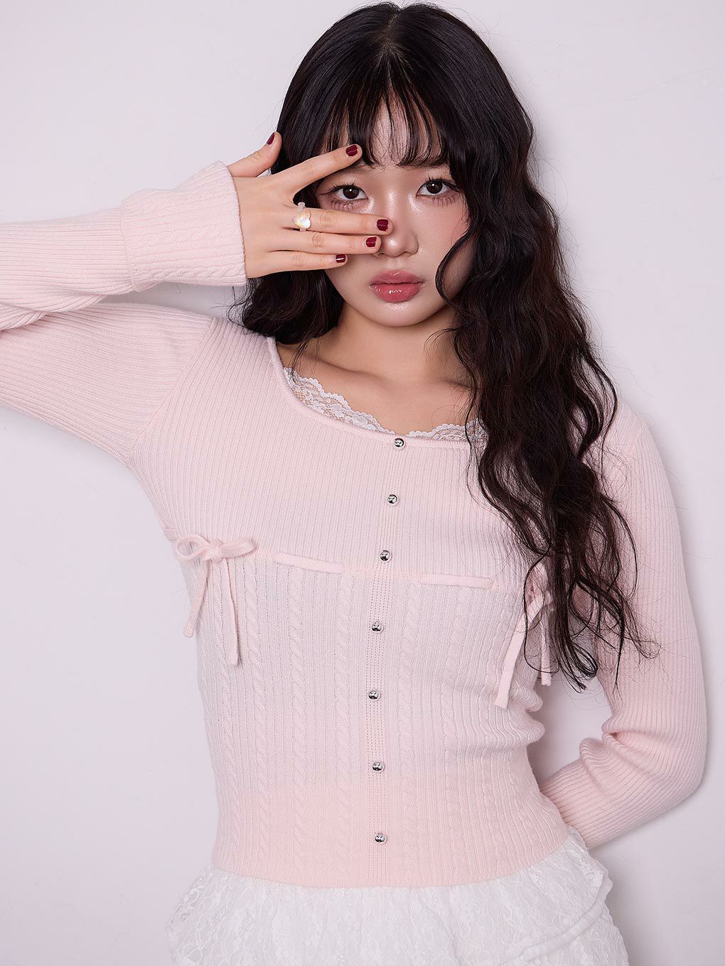 【BUBBLES】リボンケーブルニットトップス